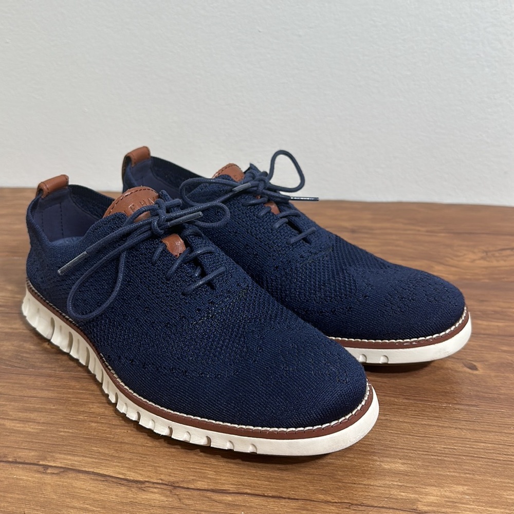 Cole Haan Navy Knit Wingtip Sneakers with Brown Accents - Picture 2 of 10